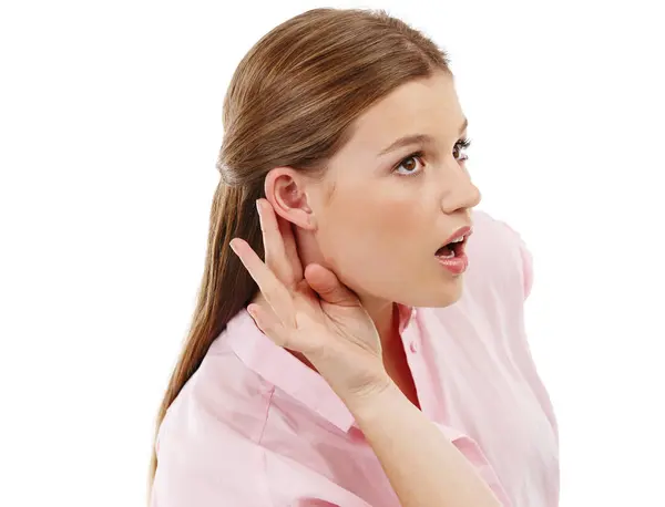 Listening Secret Woman Gossip Studio Isolated White Background Cupping Ear Stock Picture