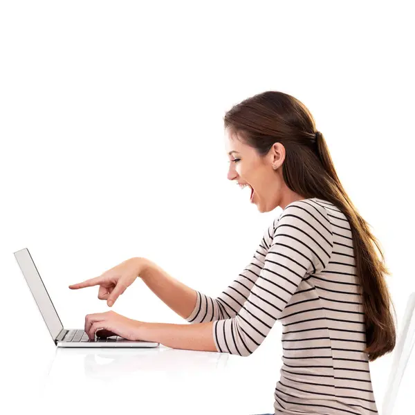 笔记本电脑和女人手拉手在工作室为惊喜新闻 流言或网上戏剧白色背景 Omg Shock和Model显示计算机 搜索或注册服务 应用程序或指南 — 图库照片