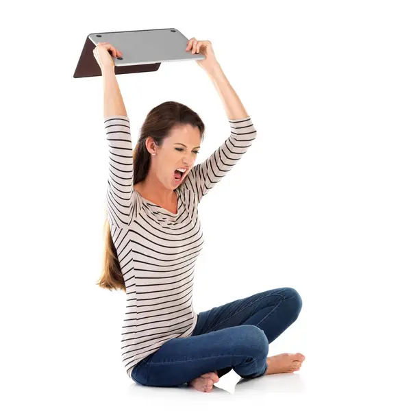 Laptop Throw Angry Woman Shouting Studio Frustrated Bankruptcy News 404 — Stock Photo, Image