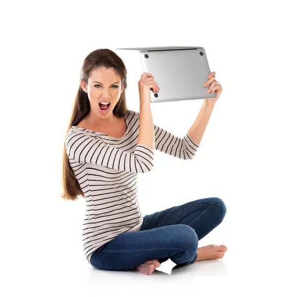 Laptop Smash Angry Woman Portrait Studio Frustrated Bankruptcy News 404 — Stock Photo, Image