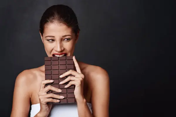 Chocolate Dessert Woman Studio Eating Unhealthy Diet Craving Sugar Cheat — Stock Photo, Image