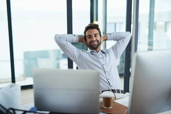 Portrait Business Man Desk Relax Stretching Break Peaceful Success Face — Stock Photo, Image