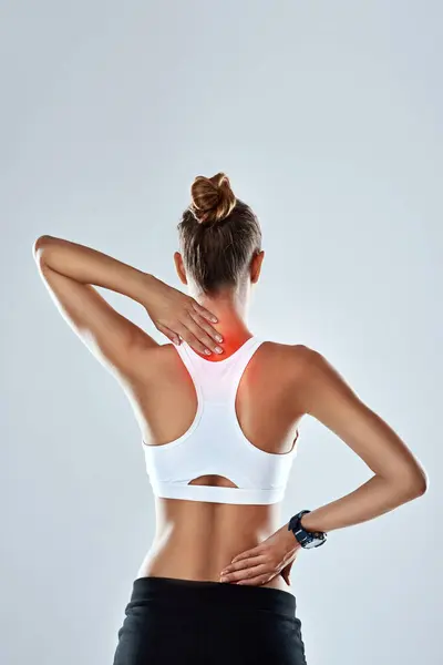 Woman Athlete Neck Pain Studio Inflammation Muscle Sprain Tender Gray — Stock Photo, Image