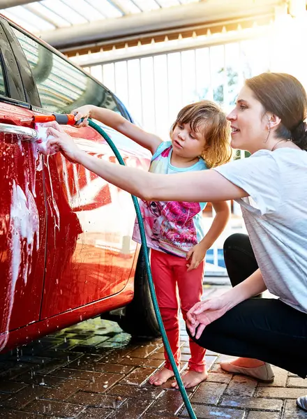 Mother Child Washing Car Hose Pipe Water Soap Shine Chores — Stock Photo, Image