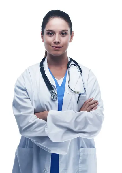 Mulher Retrato Médico Estúdio Para Confiança Cuidados Saúde Cardiologia Sobre — Fotografia de Stock