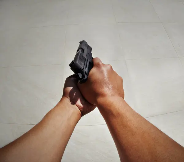 Hands Pov Man Gun White Background Target Practice Training Mockup — Stock Photo, Image
