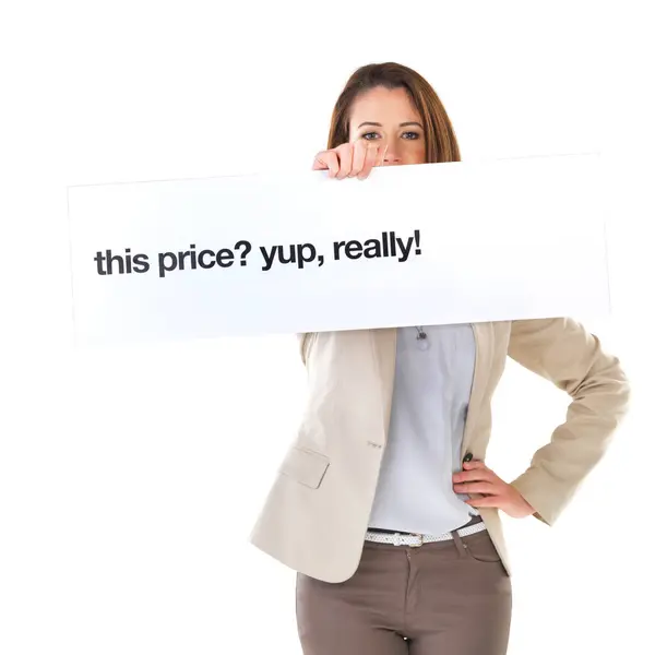 Woman Studio Poster Board Portrait Sale Branding Signage Advertising Confidence — Stock Photo, Image