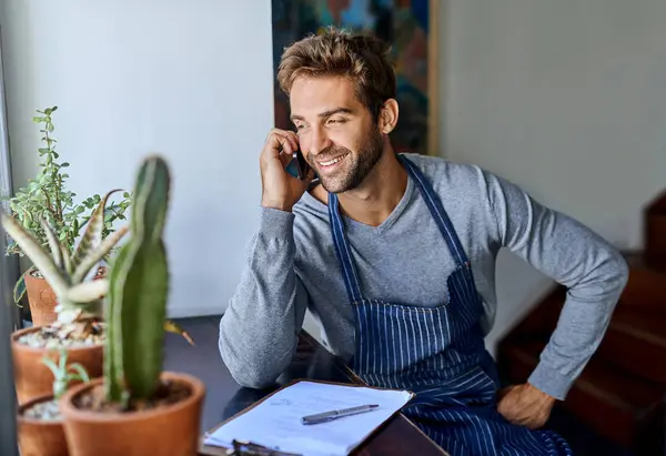 Barista Man Contact Phone Call Small Business Order Supplier Management — Stock Photo, Image