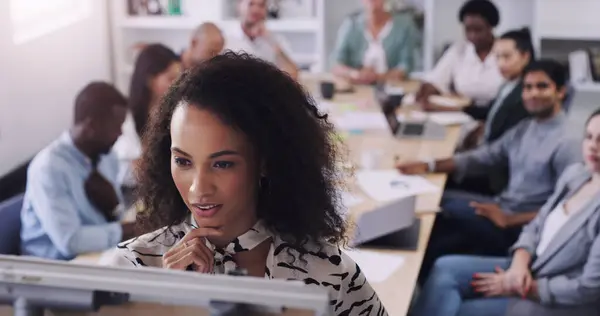 stock image Meeting, thinking and training with business people in boardroom of office for workshop together. Company, project management or whiteboard presentation with woman employee in workplace for strategy.