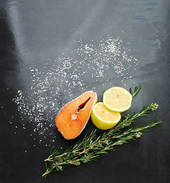 Organic Healthy Food Salmon Lemon Rosemary Kitchen Studio Nutrition Eating — Stock Photo, Image