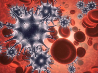 Virüs, hücre ve molekül soyut, 3 boyutlu parçacıklar veya hastalık araştırmaları için kan plakaları. Bağışıklık sistemi, mikro biyoloji ve bilim hastaları, mikroskop ve sepsis veya senolitik tedavi için tıbbi tedavi.