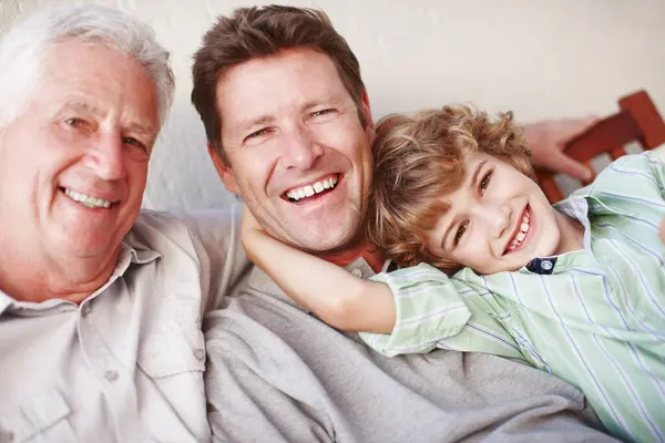 Portrait Hug Kid Father Grandfather Laughter House Care Trust Support — Stock Photo, Image