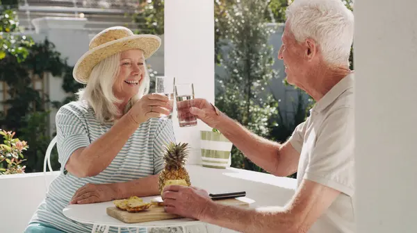 Oudere Paar Drinken Tuin Met Toast Voor Pensionering Het Plannen — Stockfoto