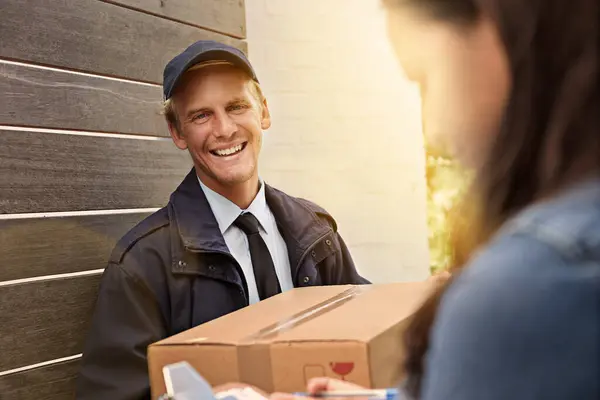 Courier Box Man Delivery Ecommerce Online Shopping Shipping Happy Job — Stock Photo, Image