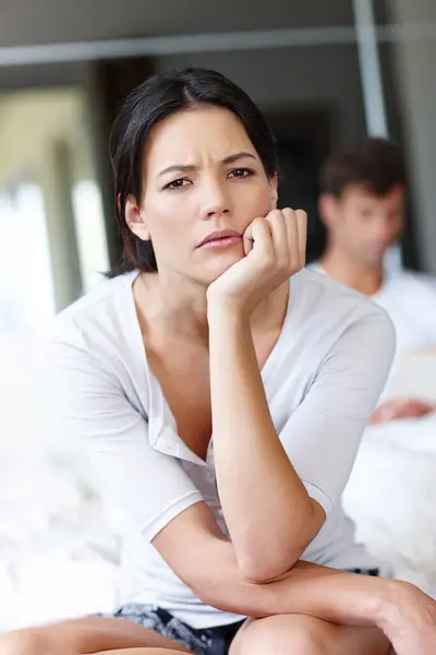 Woman Portrait Thinking Bedroom Stress Breakup Dating Problems Tension Female — Stock Photo, Image