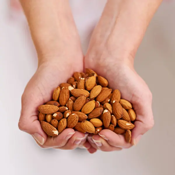 Woman Hands Almonds Fruit Vegetarian Health Wellness Balanced Diet Nutrition — Stock Photo, Image