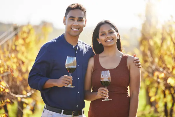肖像和快乐的葡萄园与酒杯在农村品酒 拥抱和度假 笑着喝酒 谈恋爱 夏天在加州的农场度假 — 图库照片