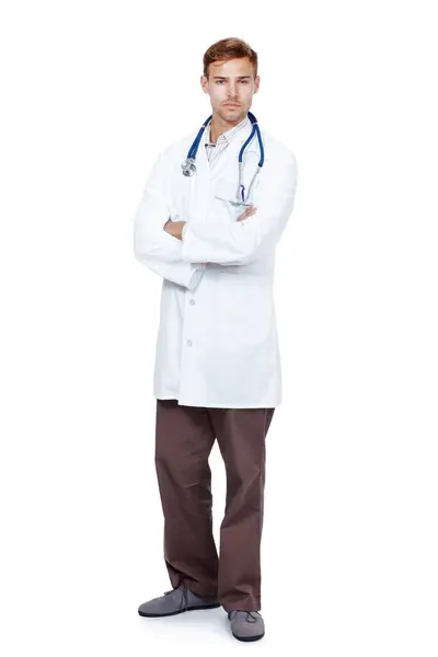 Homem Médico Retrato Estúdio Para Cuidados Saúde Fundo Branco Sério — Fotografia de Stock
