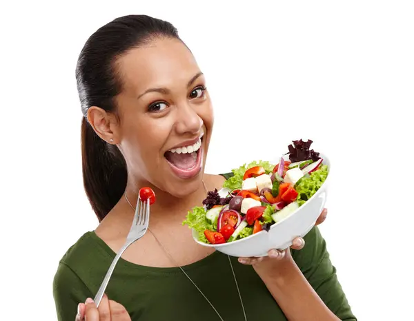 Femme Portrait Salade Pour Santé Studio Bienfaits Légumes Pour Nutrition Photos De Stock Libres De Droits