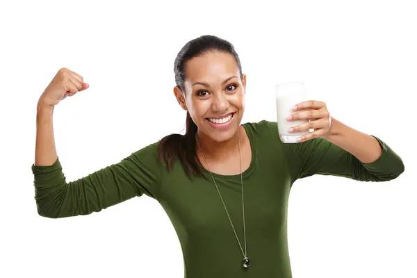 Mulher Retrato Leite Para Forte Estúdio Laticínios Milkshake Para Nutrição — Fotografia de Stock