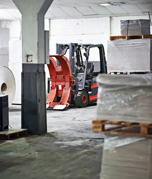 Warehouse Forklift Manufacturing Distribution Package Wholesale Delivery Supplier Logistics Storage — Stock Photo, Image