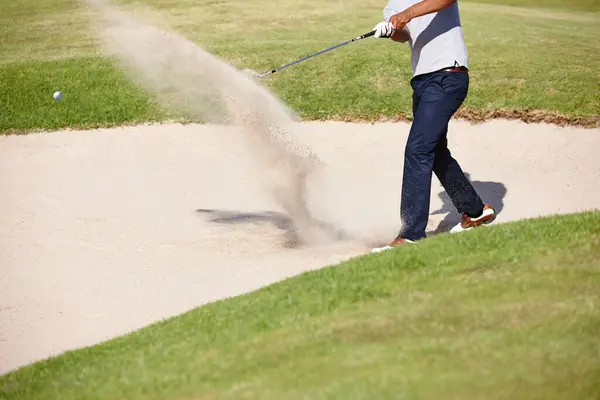 Man Golfer Hands Swing Sand Pit Par Stroke Strike Grass — Stock Photo, Image