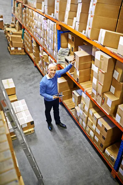 Tablet, portrait or top view of man in factory for delivery boxes, storage or stock in warehouse for website. Logistics, manager or supply chain inspection for cargo, package or wholesale shipping.