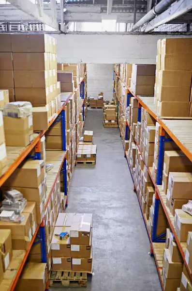 Warehouse Boxes Supply Chain Distribution Storage Inventory Shelves Import Export — Stock Photo, Image