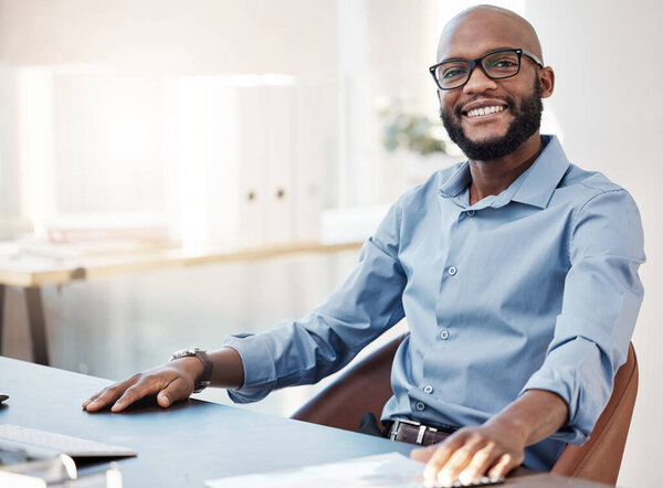 Smile, glasses and portrait of black man in office for corporate legal case with startup. Technology, happy and confident African male attorney working on law procedure for policy review in workplace.