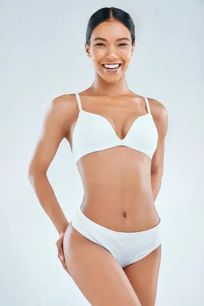 Portrait Health Woman Underwear Studio Lingerie Isolated White Background Smile — Stock Photo, Image