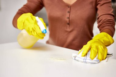 Birinin elleri, sprey şişesi ve kirli, mikroplu ya da bakterili ürünler için mutfak temizliği. Oda servisi, temizlikçi ya da kimyasallardan korunmak için eldiven..