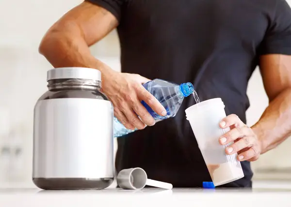 Man Hands Water Preparing Protein Shake Nutrition Muscle Gain Body — Stock Photo, Image
