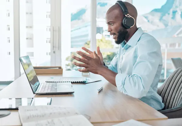 Black Man Headphones Virtual Call Laptop Office Webinar Meeting Video — Stock Photo, Image
