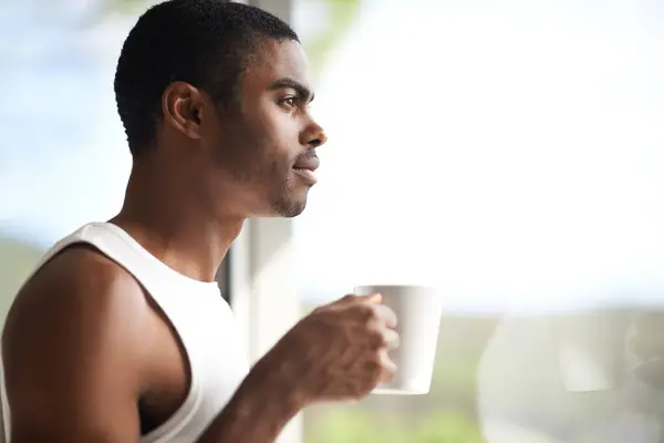 Black Man Window Thinking Coffee Morning Start Ambition Dream Vision — Stock Photo, Image