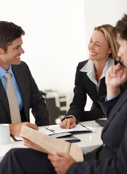 Business People Smile Discussion Paperwork Teamwork Brainstorming Project Office Colleagues — Stock Photo, Image