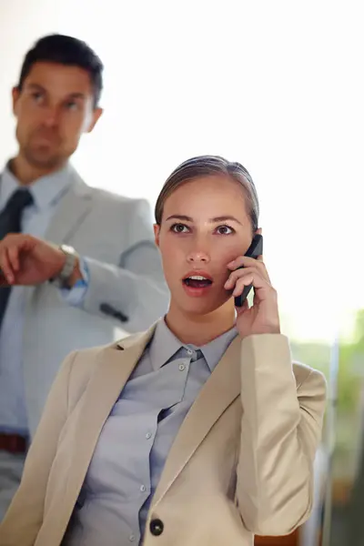 Business Woman Shock Surprise Phone Call Management Annoyed Distressed Upset — Stock Photo, Image