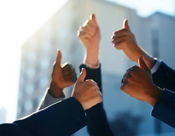 Diversity Teamwork Business People Thumbs City Collaboration Motivation Good News — Stock Photo, Image