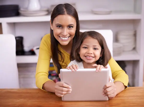 Portrait Home Mother Girl Tablet Bonding Together Smile Connection Face — Stock Photo, Image
