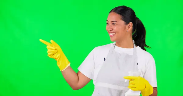 Happy Asian Woman Housekeeper Pointing Green Screen Detergent Clean Hygiene — Stock Photo, Image