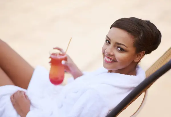 Woman Portrait Smile Bathrobe Cocktail Spa Accommodation Resort Vacation Hospitality — Stock Photo, Image