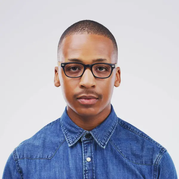 Portrait African Man White Background Studio Serious Face Glasses Mockup — Stock Photo, Image