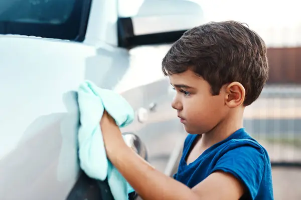 Child Car Wash Cleaning Outdoor Learning Youth Chores List Responsibility — Stock Photo, Image