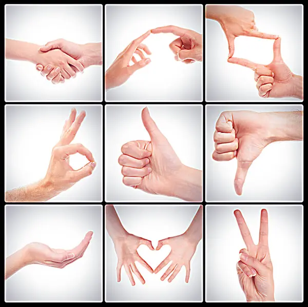 Collage of happy, hand symbols and emoji for sign language, ideas and communication for clarity in studio. People, handshake and finger and pointing for conversation, exclamation and expression.