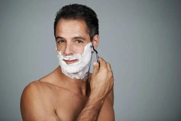 Shaving Cream Portrait Man Studio Razor Epilation Hair Removal Treatment — Stock Photo, Image