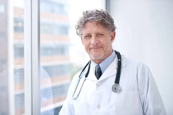 Mature Man Doctor Happy Portrait Office Healthcare Medical Support Medicine — Stock Photo, Image