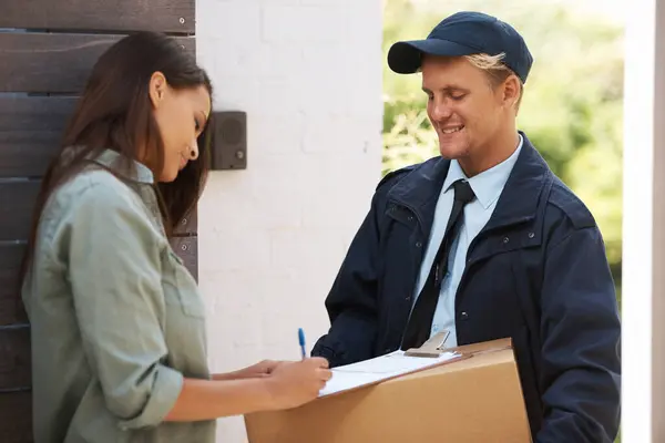 Package Woman Courier Delivery Signature Parcel Compliance Customer Home Front — Stock Photo, Image