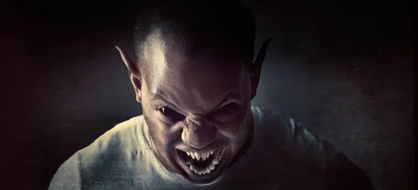 Monster Man Demon Face Studio Fantasy Horror Angry Vampire Fangs — Stock Photo, Image