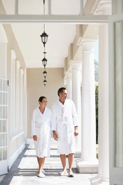 Holiday Robe Couple Walking Hotel Smile Morning Relax Patio Together Stock Image