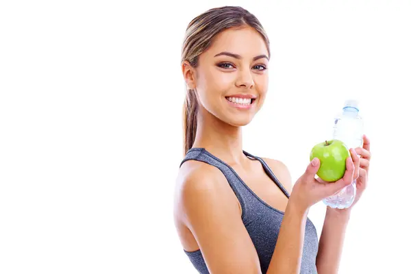 Fitness Woman Portrait Apple Water Studio Gym Wellness Diet White — Stock Photo, Image