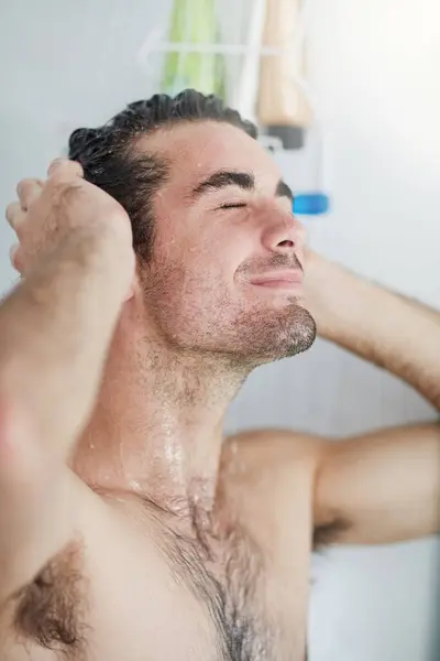 Shower Hygiene Water Body Man Splash Face Morning Washing Apartment — Stock Photo, Image